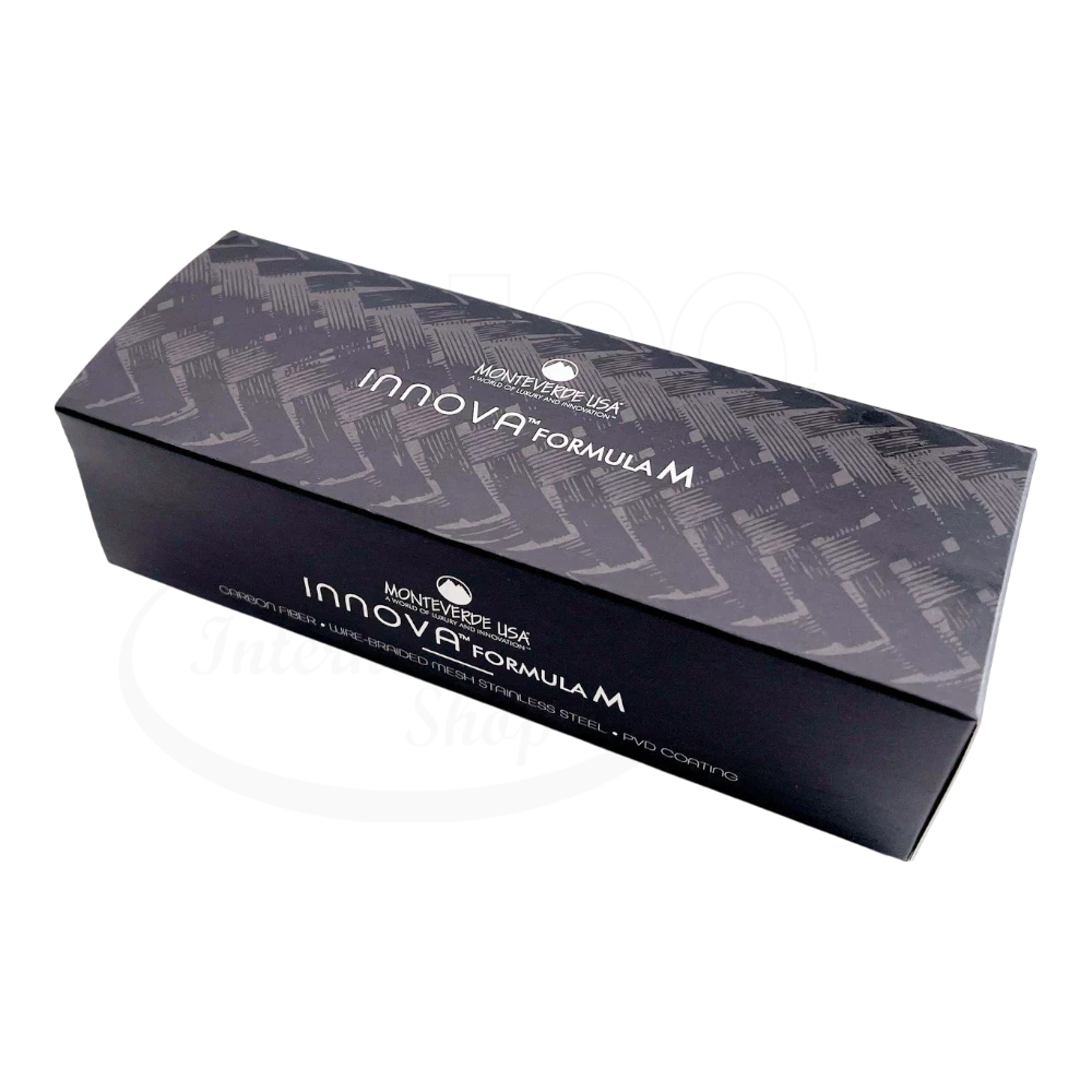 Monteverde Innova Formula M pen box in black with textured pattern and white printed text design