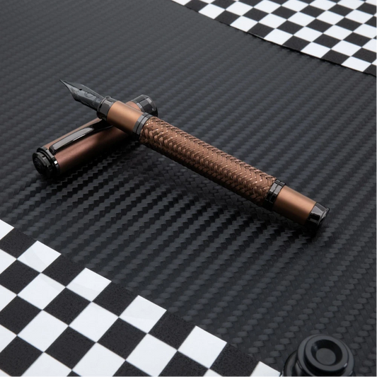 Monteverde Innova Formula M Bronze Fountain Pen MV45373 with wire-braided bronze PVD stainless steel body and carbon fiber accents