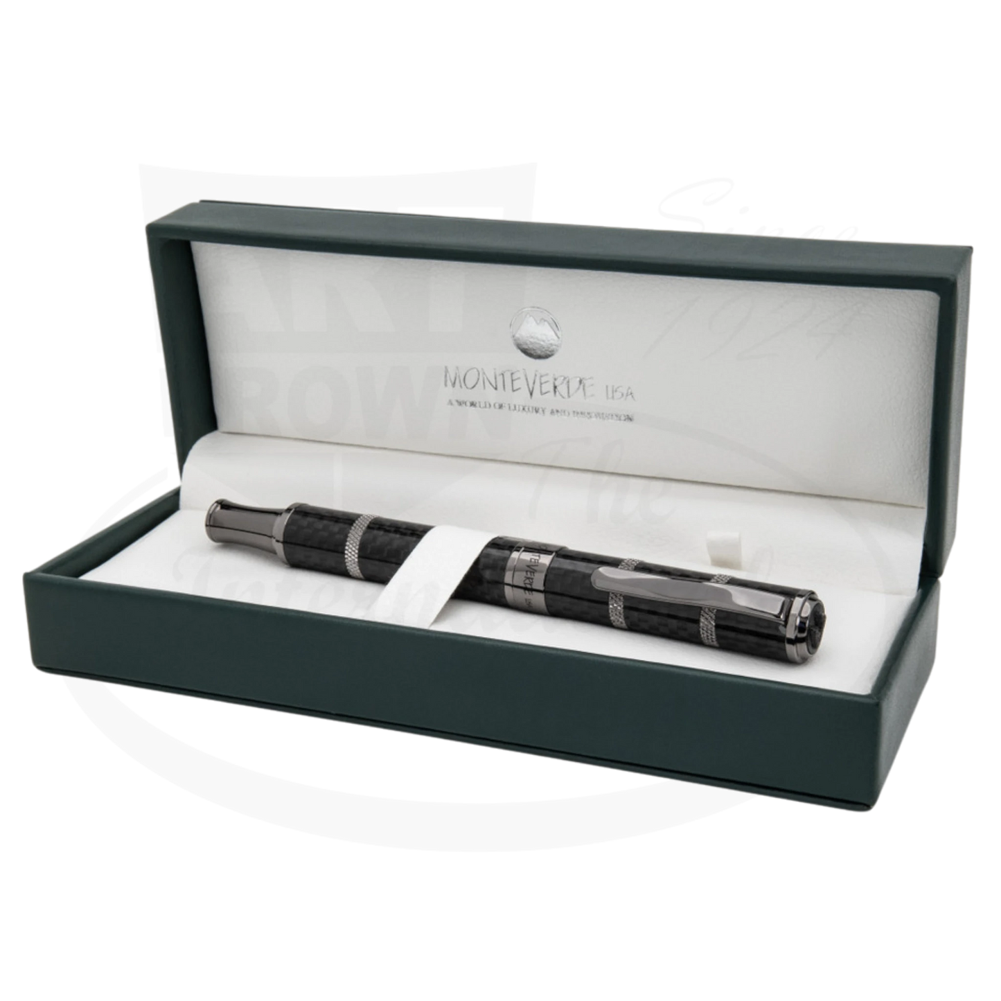 Monteverde Regatta Sport MV41593 carbon fiber fountain pen with polished gunmetal accents in display case