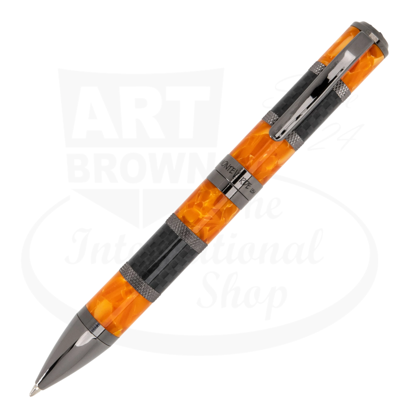 Monteverde Regatta Sport MV45307 ballpoint pen with orange resin and carbon fiber barrel, polished gunmetal accents