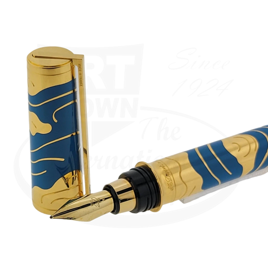S.T. Dupont Montparnasse Les Elements Air fountain pen in gold-plated brass with blue Chinese lacquer swirls and diamond-set clip, 18k gold nib