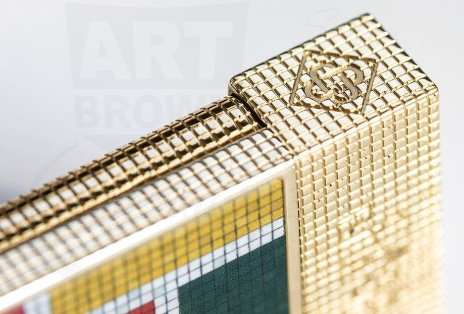 S.T. Dupont x Casablanca Ligne 2 C16122 brass luxury lighter featuring geometric mosaic pattern in gold finish with textured grid detailing