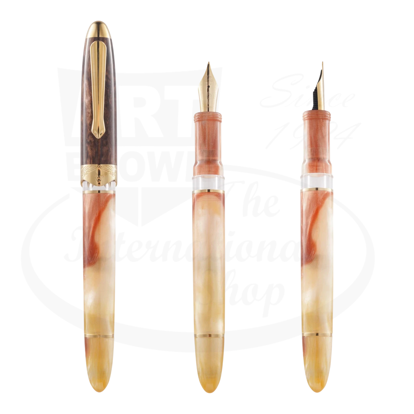Nahvalur Horizon Desert Medium fountain pen in pearlescent desert-toned acrylic resin with gold trim and transparent ink window
