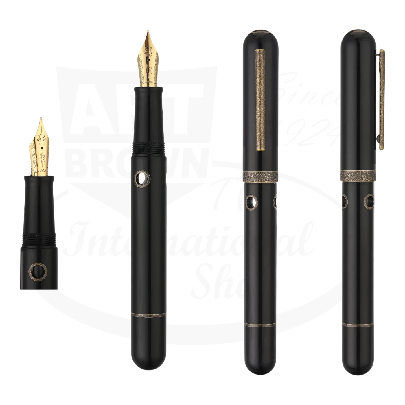 Nahvalur Nautilus Bronze Corydoras fountain pen in black ebonite with brass accents, porthole ink windows and gold nib