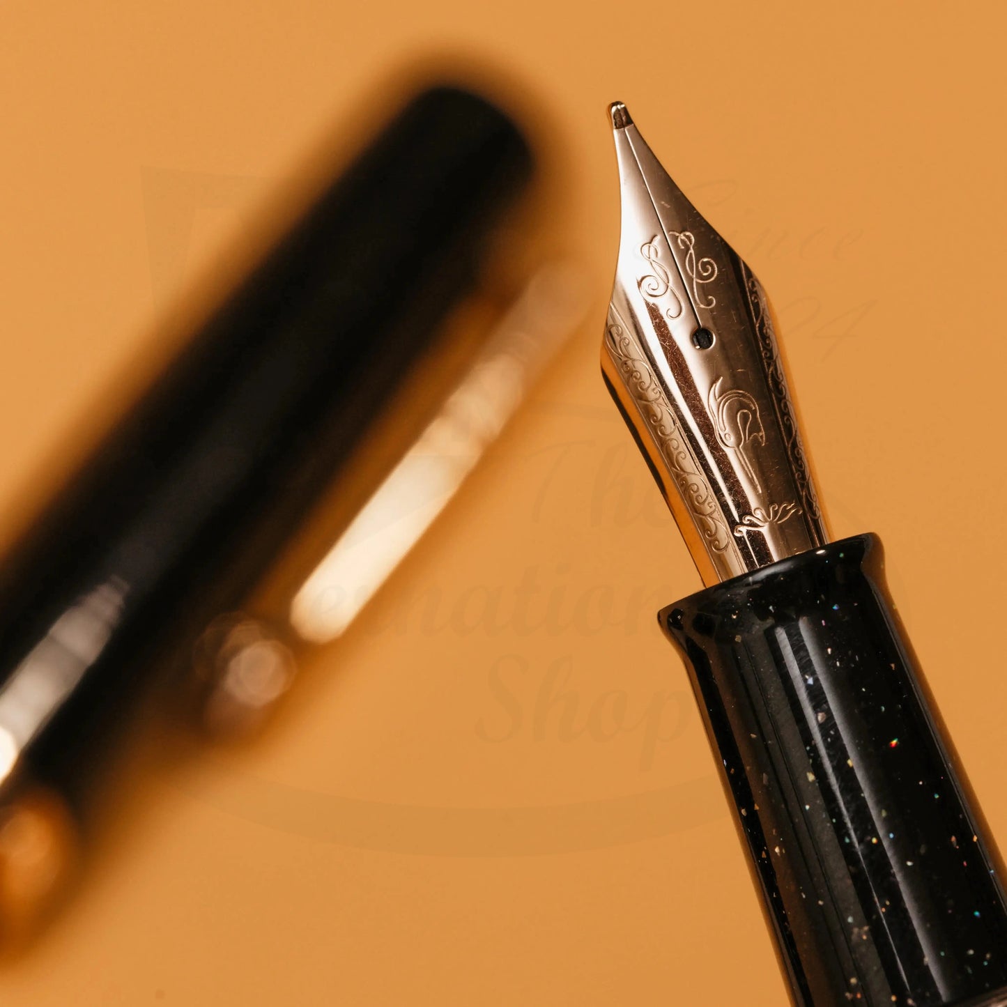 Nahvalur Original Plus Lovina Graphite fountain pen with rose gold nib tip and resin body shown in macro detail