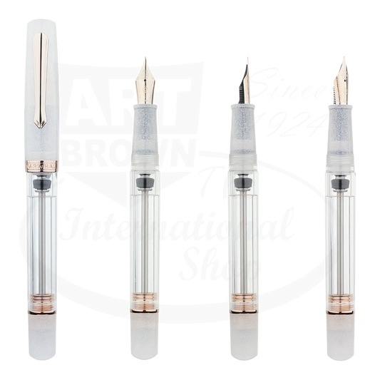 Nahvalur Original Plus Matira Quartz fountain pen in clear acrylic with frosted grip and rose gold accents, showcasing four nib options