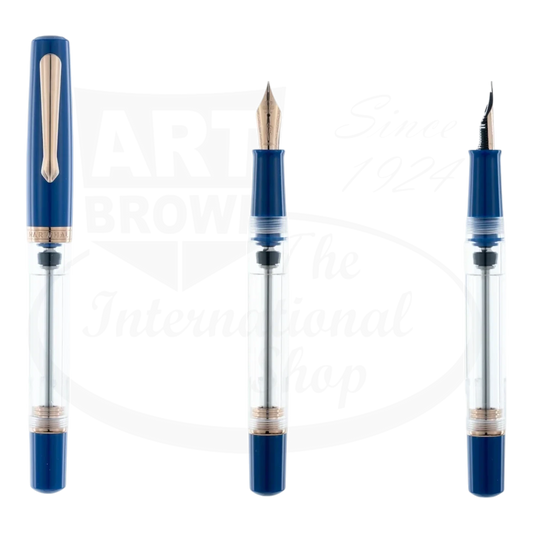 Nahvalur Original Plus Sapphire fountain pen in transparent acrylic with blue accents and rose gold trim, showing three nib positions