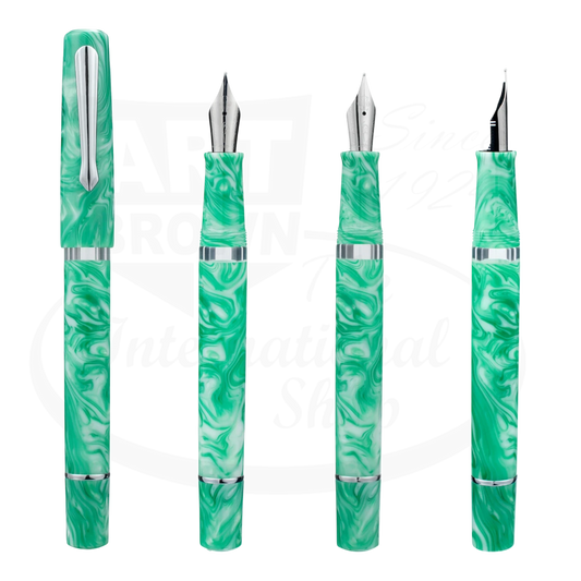 Nahvalur Schuylkill Betta Mint fountain pen in swirled mint-cream resin with silver trim, shown from four angles with steel nib