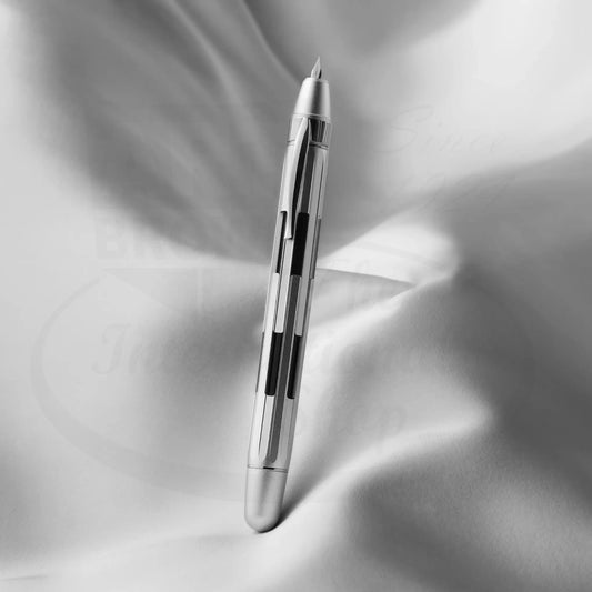 Nahvalur Eclipse Iridium aluminum fountain pen with twelve-sided faceted body and capless design in sleek silver finish
