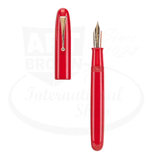 Namiki Urushi No.20 fountain pen in vermillion red lacquer with gold-plated trim, featuring classic cigar shape and ornate 14k nib