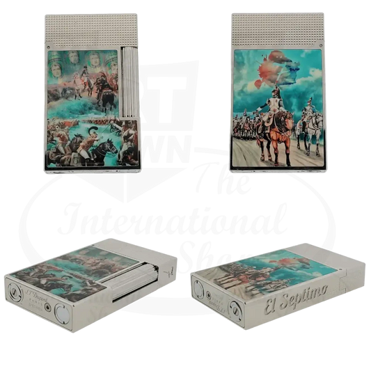 S.T. Dupont x El Septimo Ligne 2 lighter in brushed palladium, featuring equestrian artwork in turquoise and sepia tones, with diamond guilloche pattern and Perfect Cling mechanism