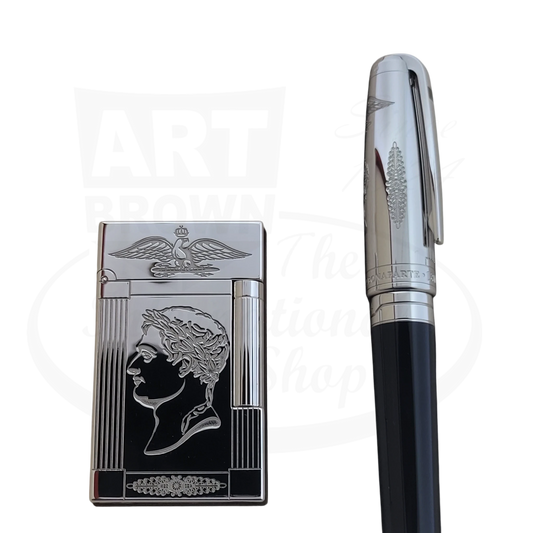 ST Dupont Napoleon Limited Edition palladium lighter and black lacquer fountain pen set with imperial eagle engravings
