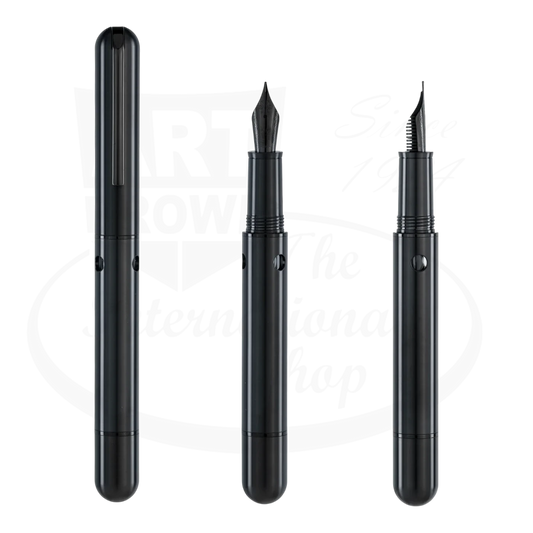 Nahvalur Nautilus Ti Black Medium fountain pen in anodized titanium shown capped and with nib exposed in two positions