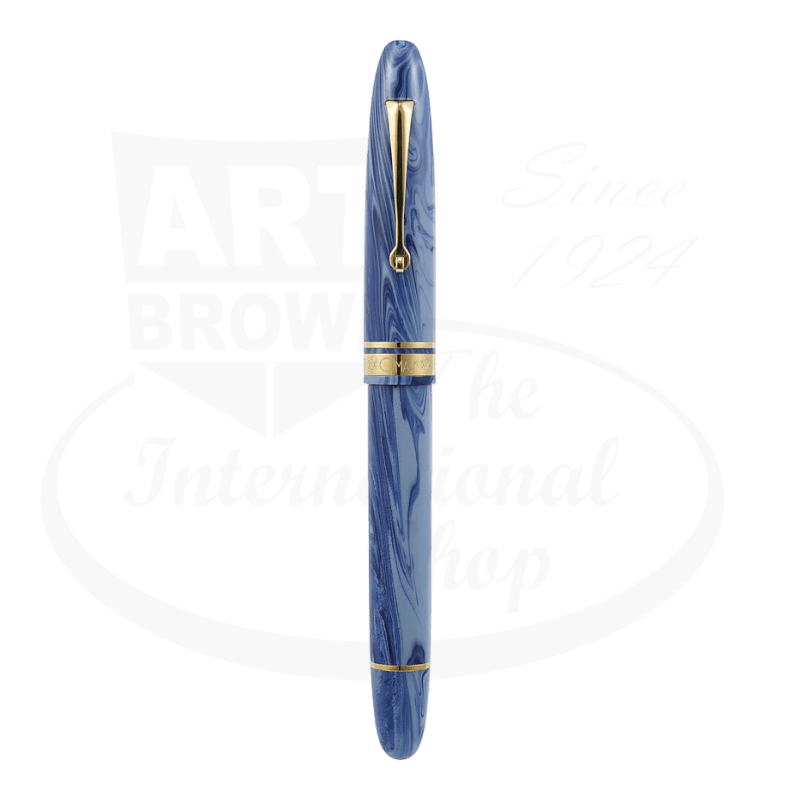 OMAS Ogiva Israel 75th Anniversary fountain pen in blue ebonite with gold accents, featuring streamlined design and fine point nib