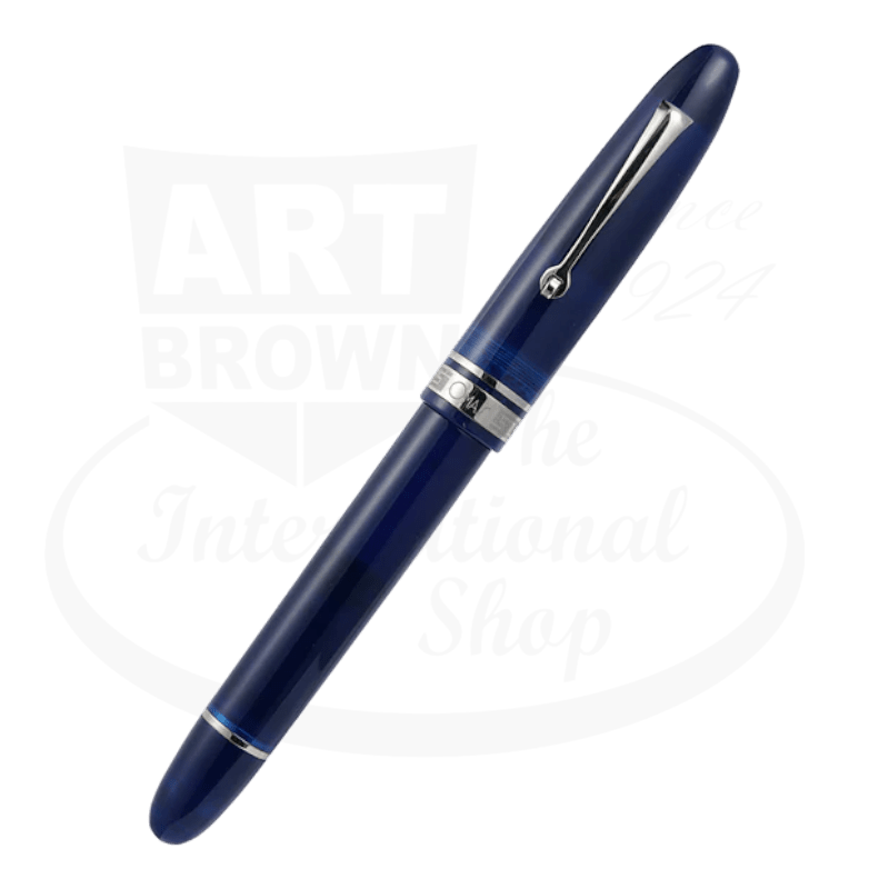 OMAS Ogiva fountain pen in deep blue acrylic resin with silver trim, featuring tapered design and fine point 14kt gold nib