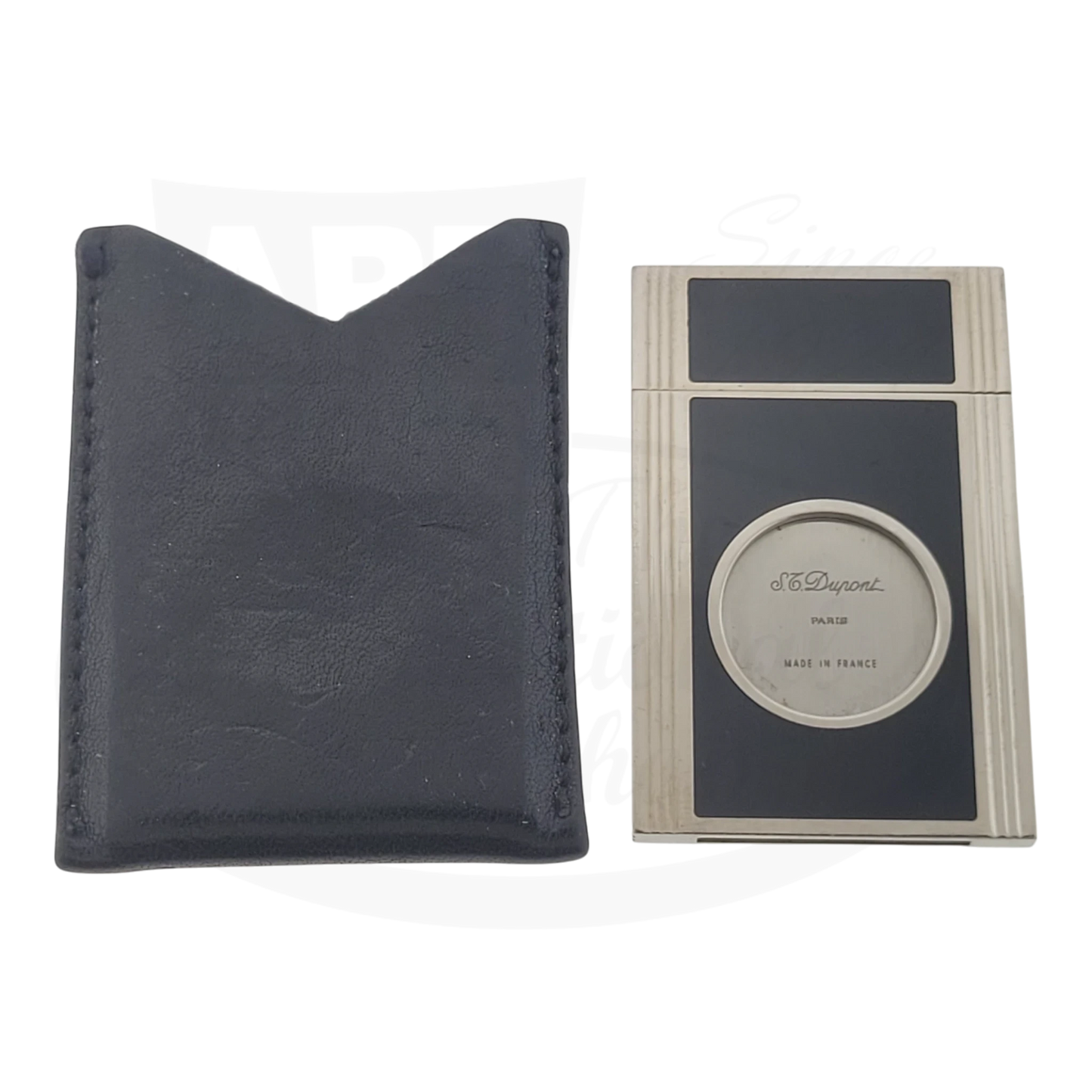 ST Dupont vintage black lacquer palladium guillotine cigar cutter with leather pouch, dual-blade design, made in France