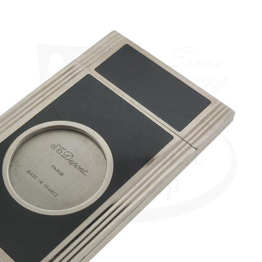 S.T. Dupont vintage guillotine cigar cutter in black lacquer and palladium finish, dual-blade design with circular logo detail