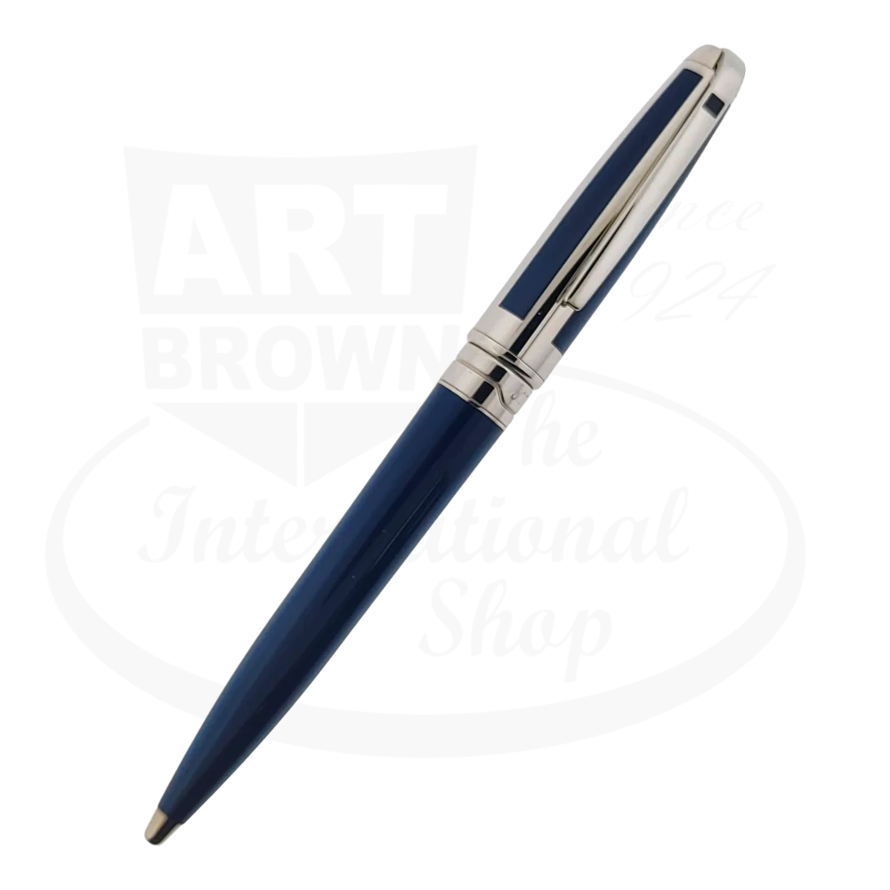 Vinate S.T. Dupont Olympio Mini Ballpoint Pen with blue lacquer, palladium finish, and black lacquer square accent on the palladium clip