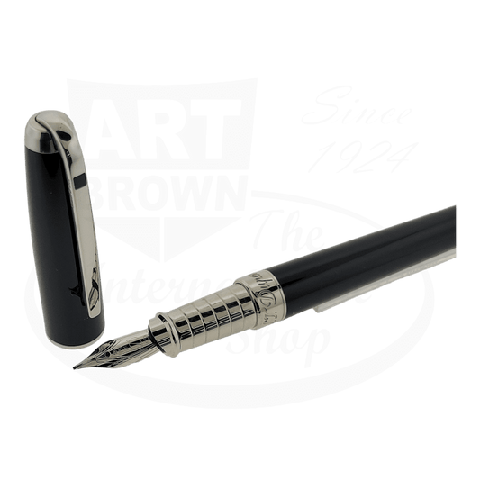 S.T. Dupont Olympio fountain pen in black lacquer with palladium trim, featuring 14K gold nib and cylindrical cap design with signature clip accent