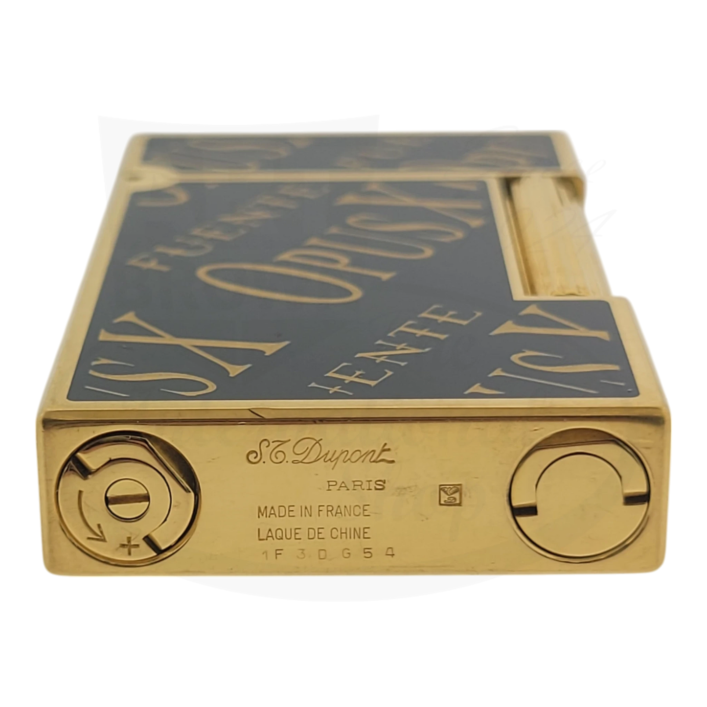 ST Dupont Ligne 2 Opus X lighter in black Chinese lacquer with gold trim, featuring OpusX branding and luxurious metallic accents