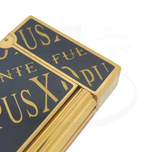 ST Dupont Ligne 2 Opus X lighter in black Chinese lacquer with gold trim and Fuente OpusX branding, preowned condition