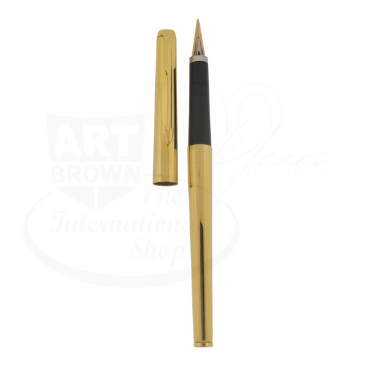 Parker 180 Imperial Gold fountain pen with 14K nib, polished gold barrel, textured black grip section, and arrow clip detail