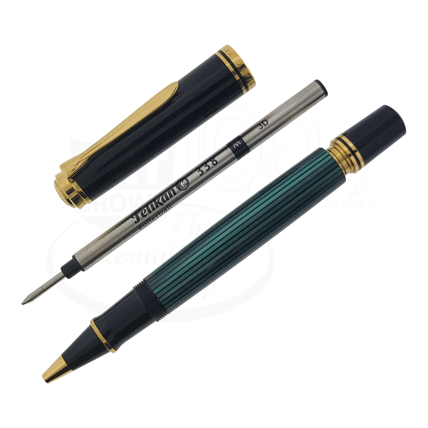 Preowned Pelikan R800 Green & Black Rollerball Pen with gold trim, cap removed, refill visible, square gallery 9 shot