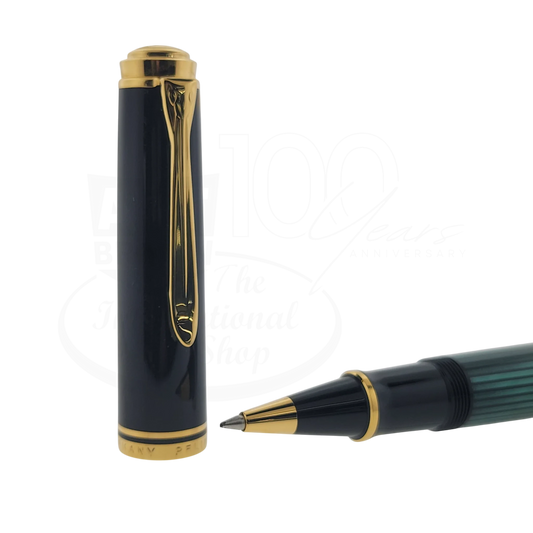 Preowned Pelikan R800 Green & Black Rollerball Pen gold trim cap off and nib visible square gallery shot 2