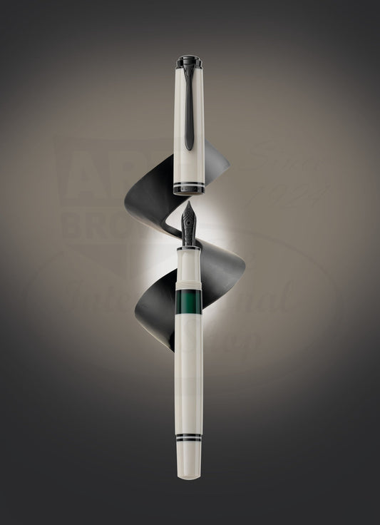 Pelikan M670 Souveran fountain pen in warm grey resin with black PVD-coated accents, green ink window, and 14K gold nib, displayed with spiral ribbon backdrop