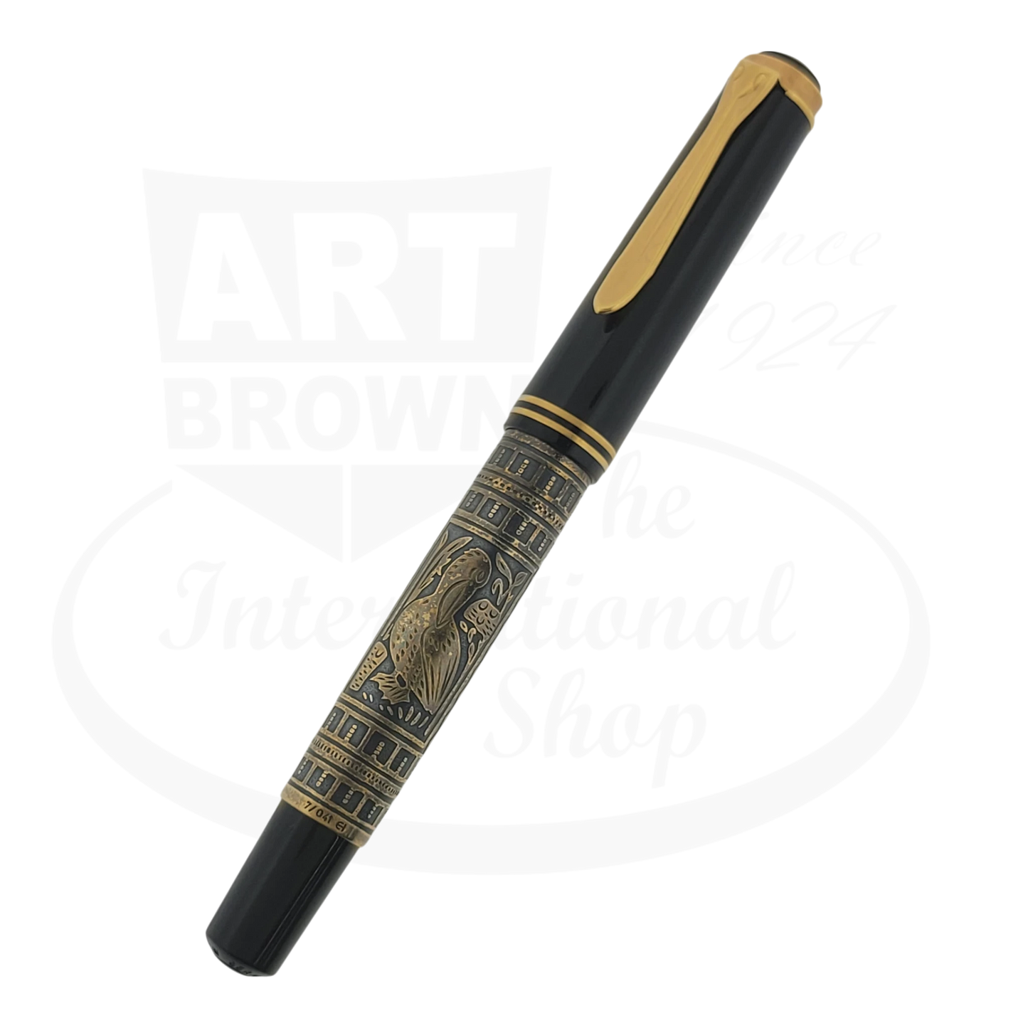 Pelikan M700 Toledo vintage fountain pen with engraved sterling silver barrel, gold-plated trim, black cap with classic beak clip