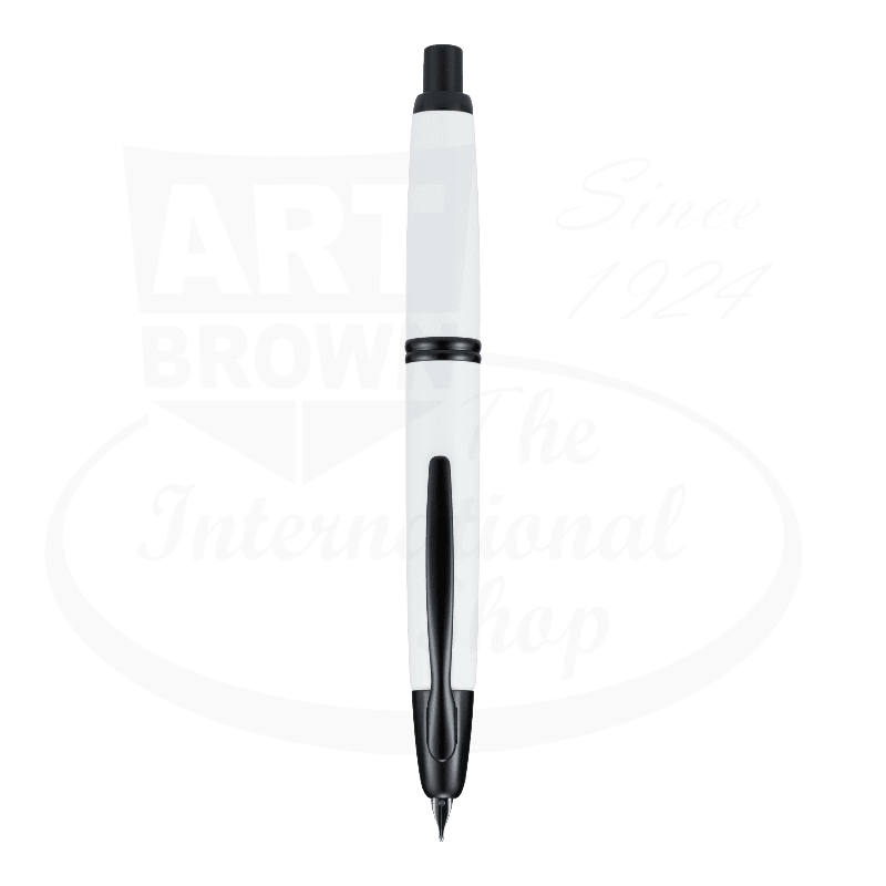 Pilot Vanishing Point fountain pen in matte white metal body with black trim, retractable 18k gold nib, click-action mechanism