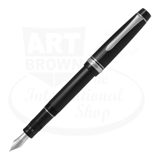 Pilot Justus 95 black resin fountain pen with rhodium accents and adjustable 14k gold nib, featuring striped texture barrel and classic design