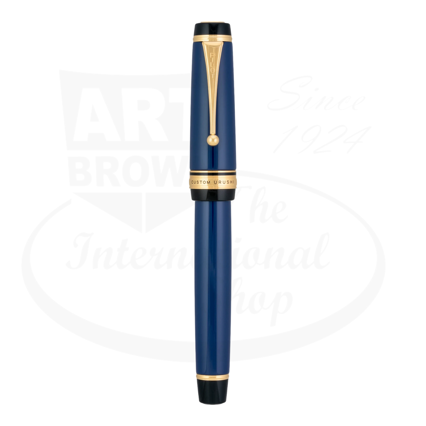 Pilot Custom Urushi fountain pen with prussian blue lacquer finish, seen with cap on.