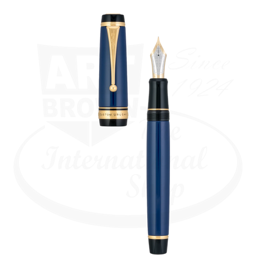 Pilot Custom Urushi fountain pen with prussian blue lacquer finish, shown with cap off.