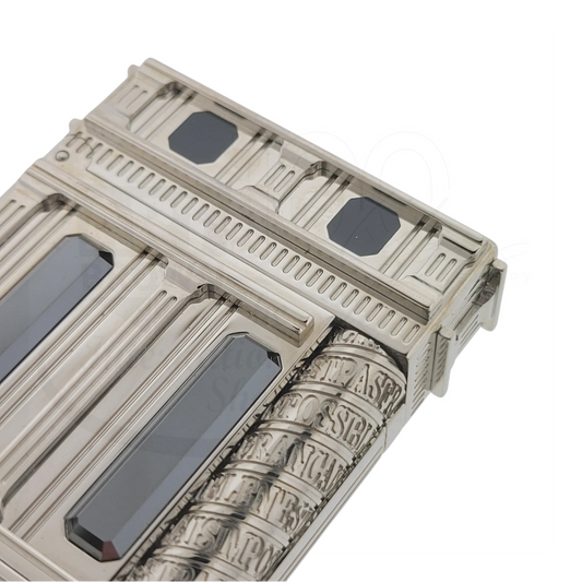 S.T. Dupont Ligne 2 Place Vendome lighter 016047 with polished palladium finish and black gemstone inlays close-up view
