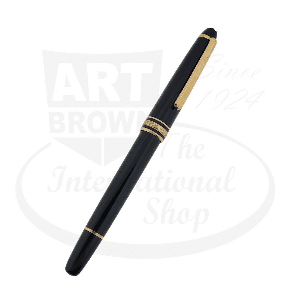 Montblanc Meisterstuck 144 fountain pen in black resin with gold-plated trim, featuring a medium 18K gold nib, classic cigar-shaped barrel design