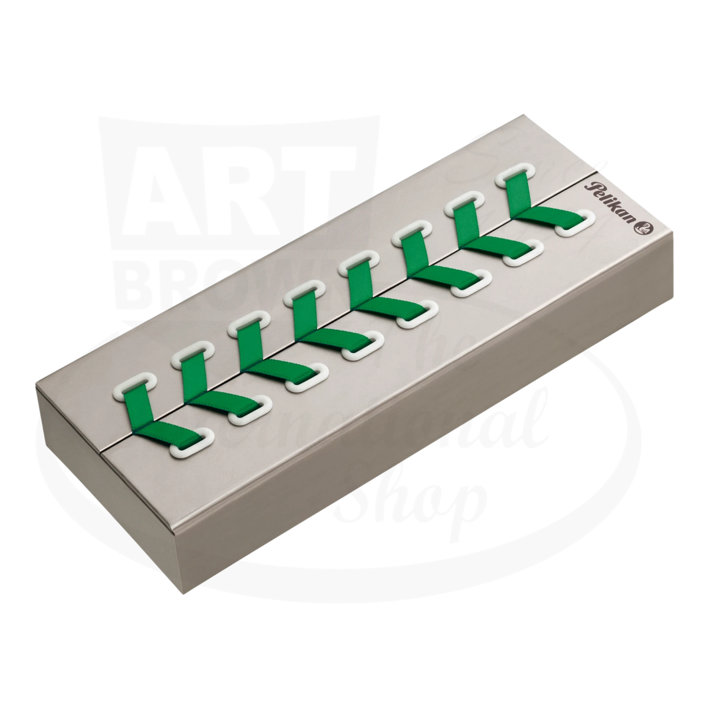 Pelikan K605 Green & White Ballpoint Pen in a sleek gift box with green-striped design and palladium highlights.