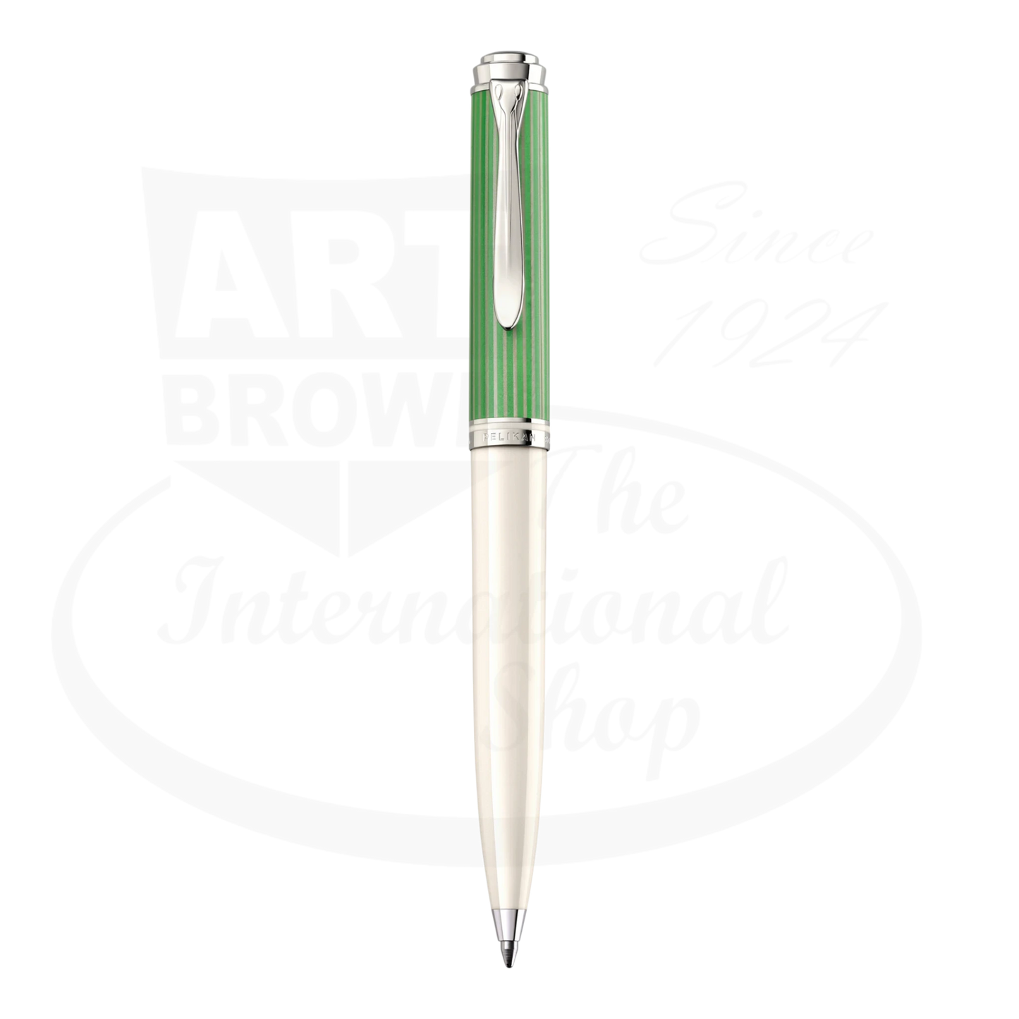 Pelikan K605 Green & White Ballpoint Pen, 818223 with green-striped cap and creamy white barrel, palladium-plated accents.