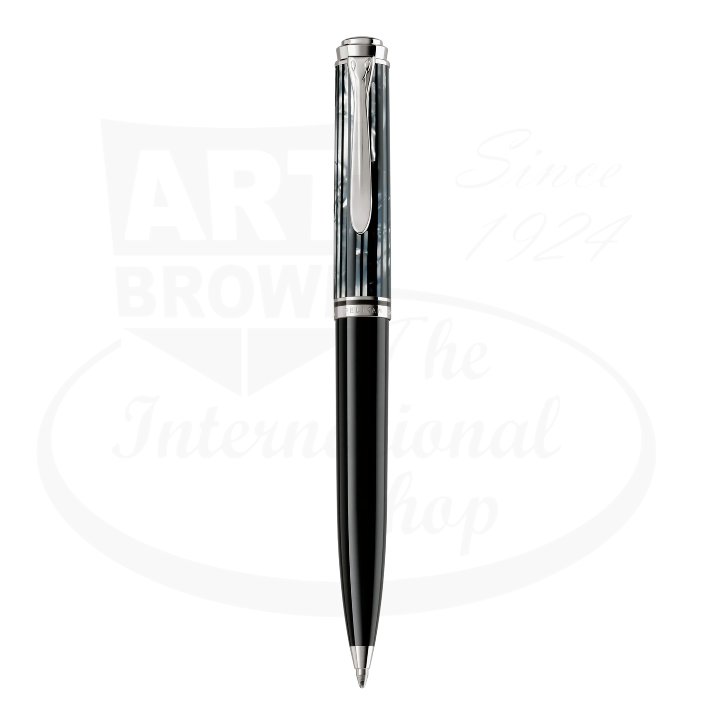 Pelikan K605 Tortoiseshell Black Ballpoint Pen with striped cap, black barrel, palladium trim, made in Germany.