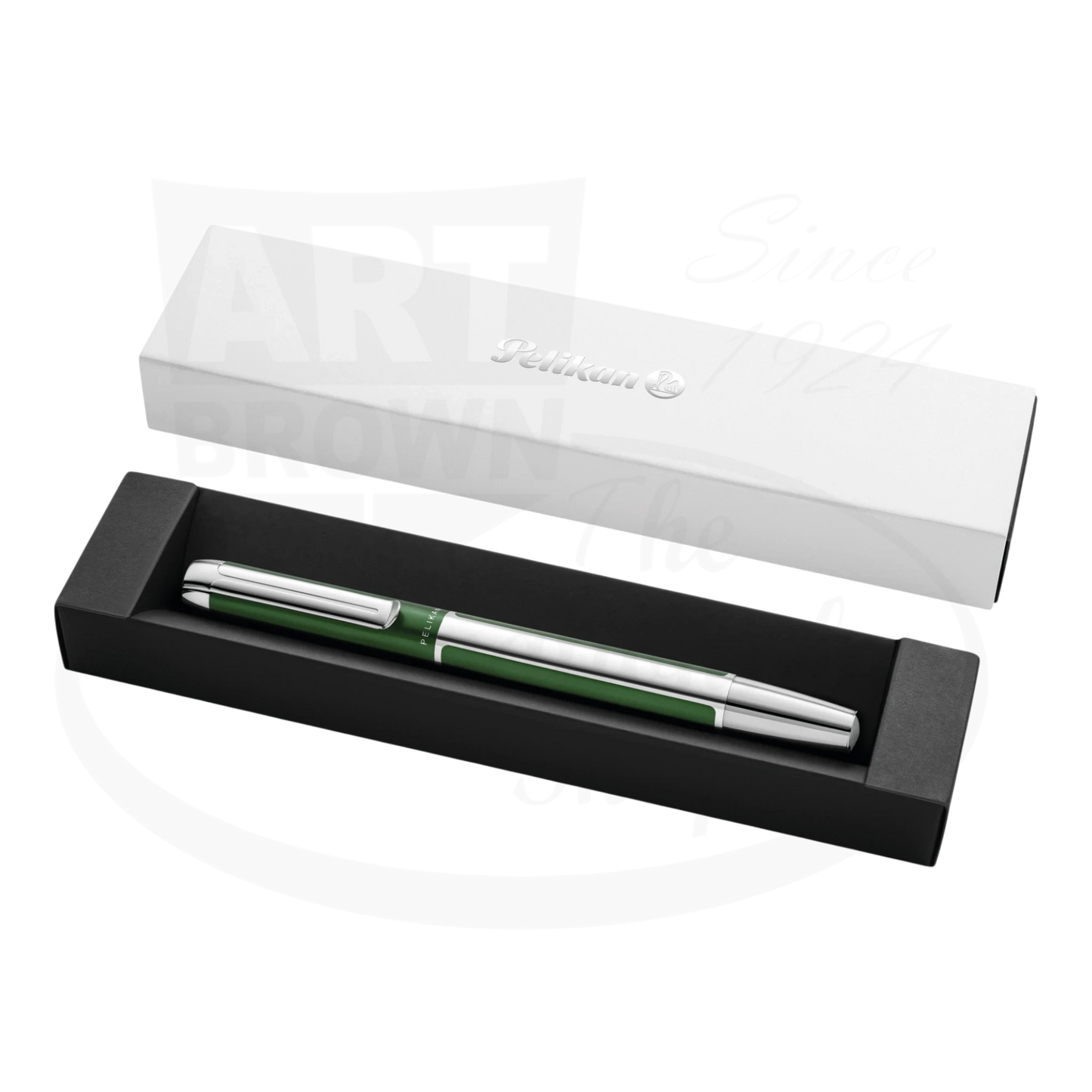 Pelikan P40 Pura Fountain Pen with anodized aluminum barrel and polished stainless steel nib in gift box.