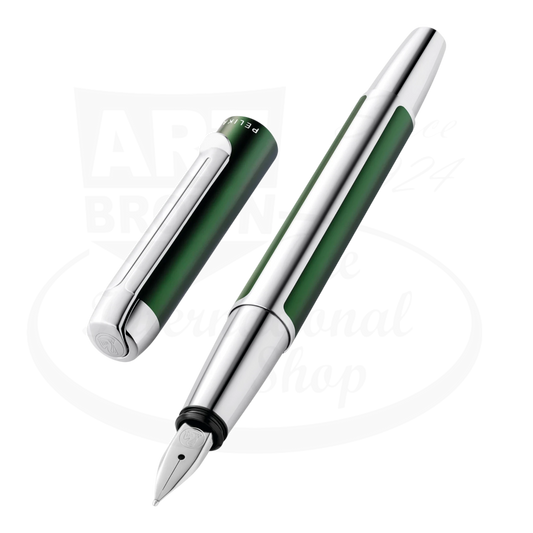 Pelikan P40 Pura Fountain Pen with anodized aluminum barrel, stainless steel nib, and spring-loaded silver clip in green and silver.