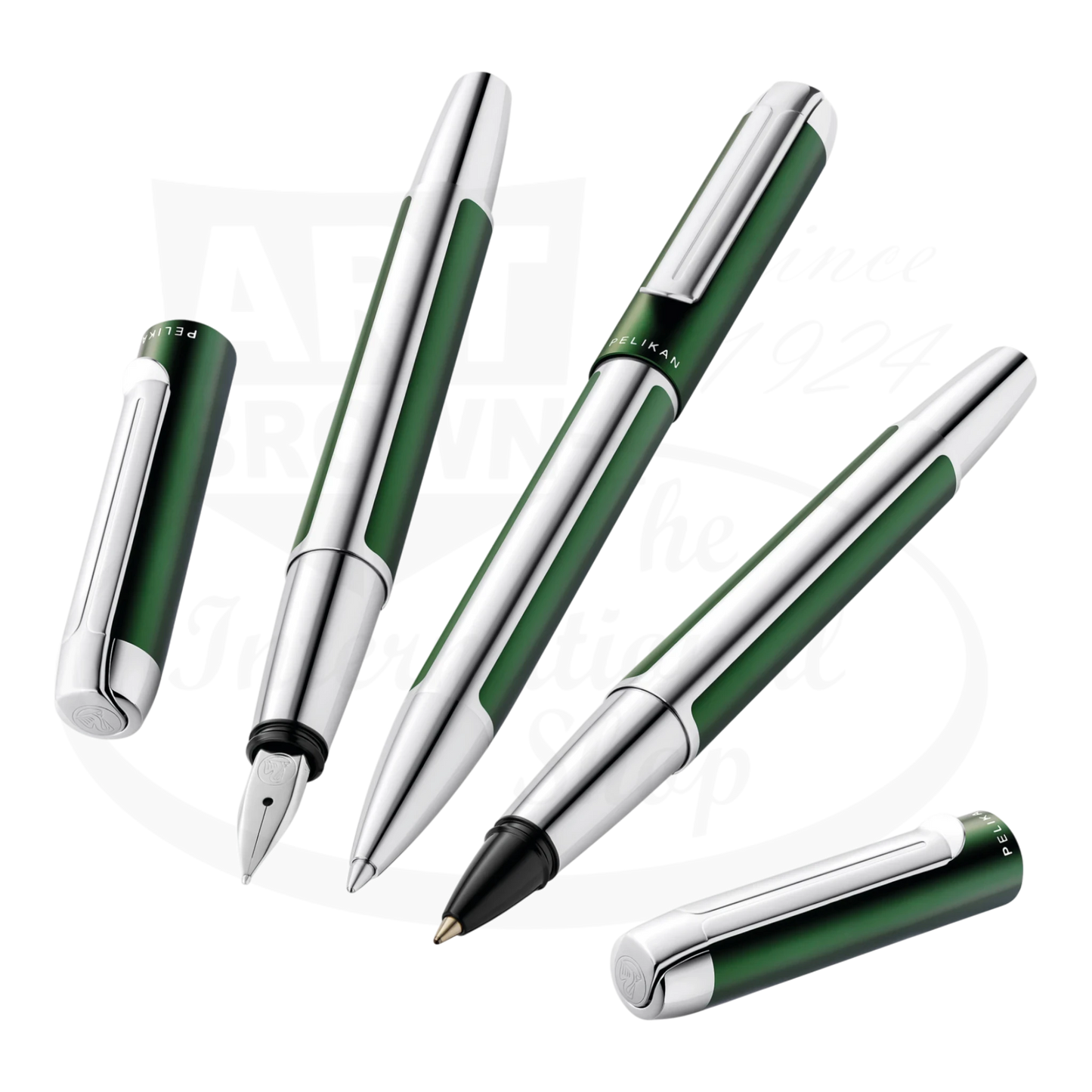Pelikan Pura collection in deep green, showcasing fountain, roller and ballpoint pen options