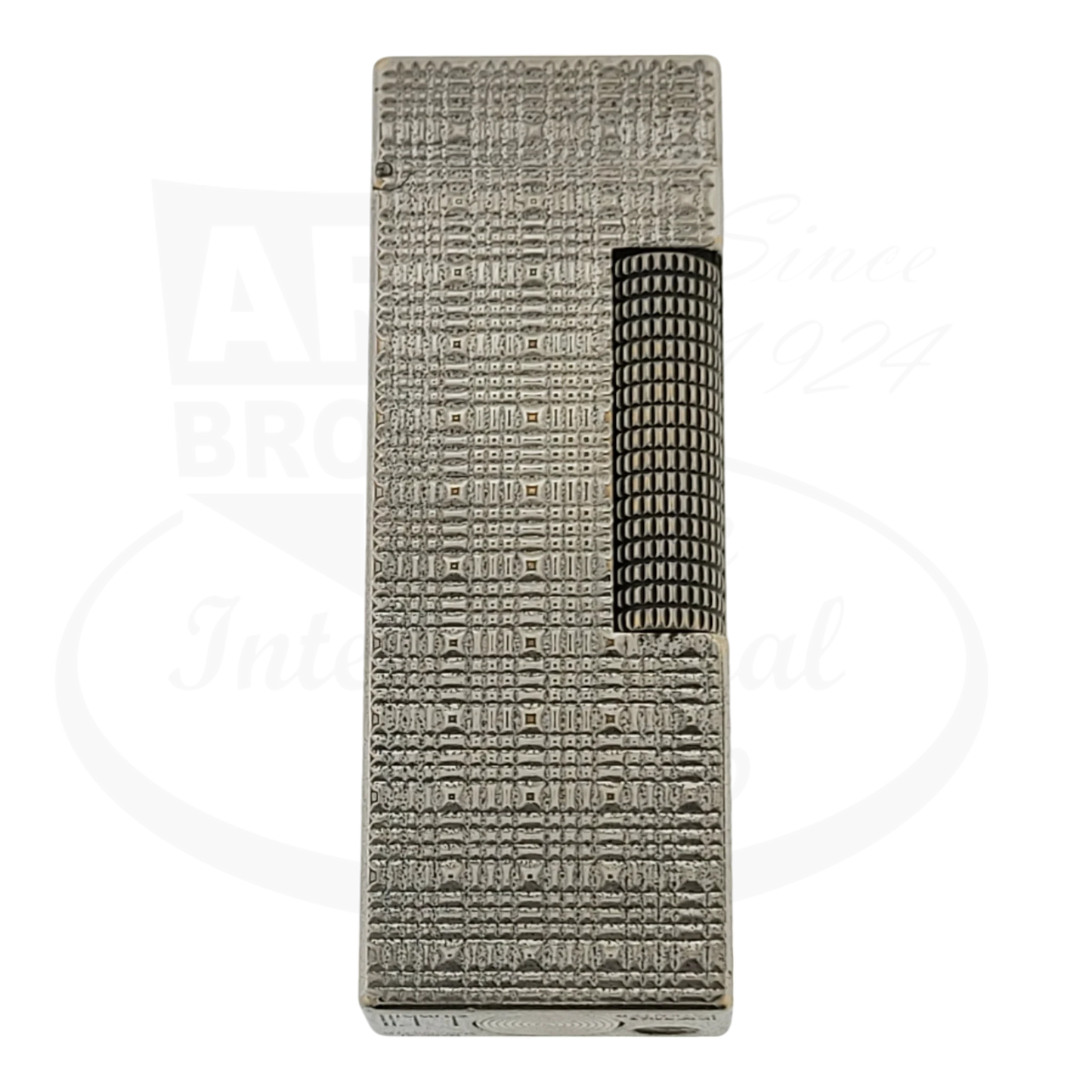 Silver plated Dunhill rollagas lighter with tartan square pattern, seen from the front.