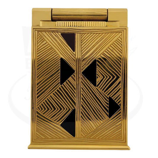 ST Dupont Afrika Jeroboam 026210 brass table lighter with geometric black onyx inlays and gold-finished geometric line patterns, featuring Art Deco-inspired design