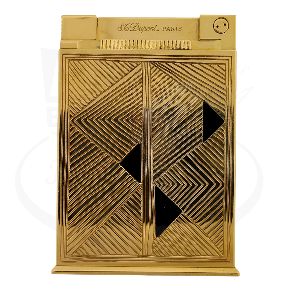 ST Dupont Afrika Jeroboam 026210 brass table lighter featuring geometric Art Deco patterns in gold finish with black onyx inlays and distinctive tribal-inspired engravings