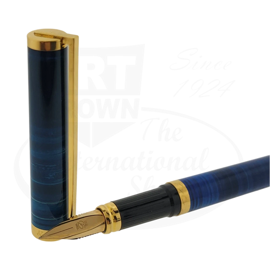 S.T. Dupont Classique 041285 fountain pen featuring ocean blue lacquer barrel, gold-plated trim, and medium 18K nib, shown uncapped with ornate clip