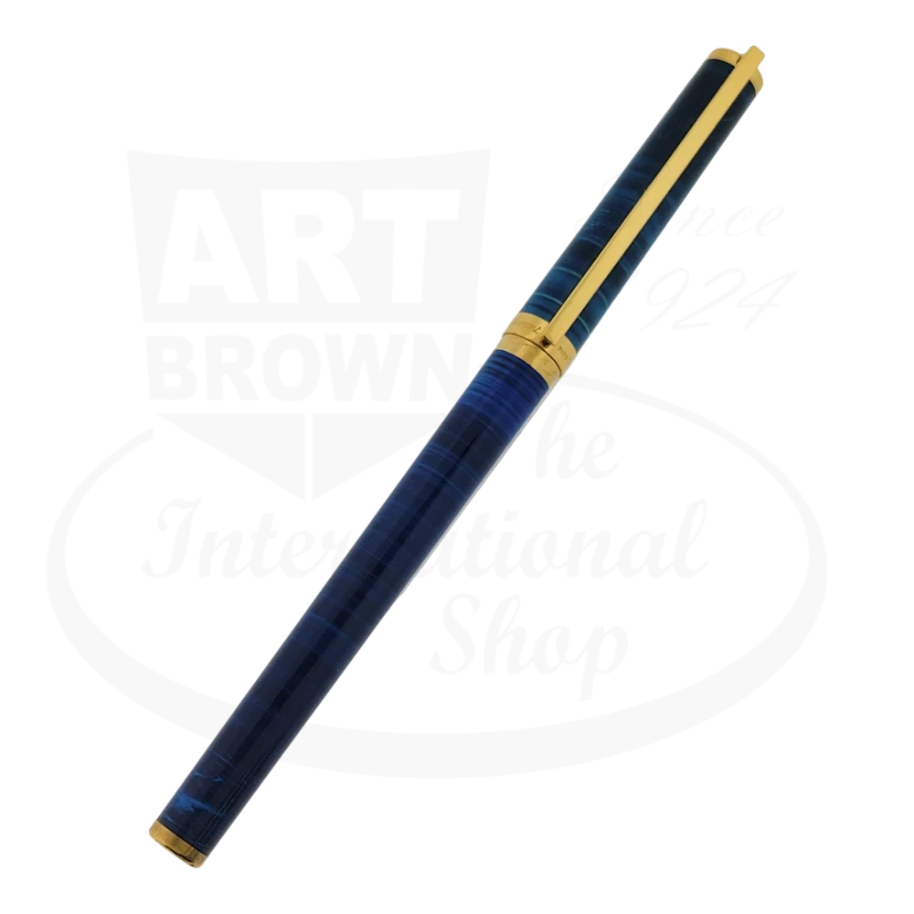 S.T. Dupont Classique 041285 fountain pen in ocean blue lacquer with gold trim, featuring medium 18K nib and cylindrical barrel design