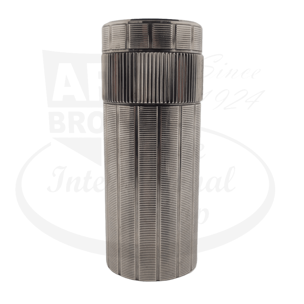 S.T. Dupont Cylindrique silver-plated table lighter with horizontal line pattern, vintage design, 4.25 inches tall with ribbed texture