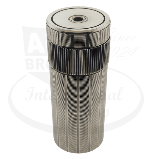 S.T. Dupont Cylindrique silver-plated table lighter with horizontal line pattern, vintage design, 4.25 inches tall, refurbished by Art Brown