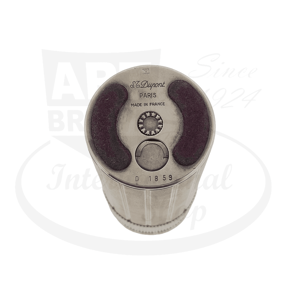 ST Dupont Cylindrique silver-plated table lighter, vintage 1859, featuring horizontal line pattern and circular gas adjustment dial, made in Paris, France